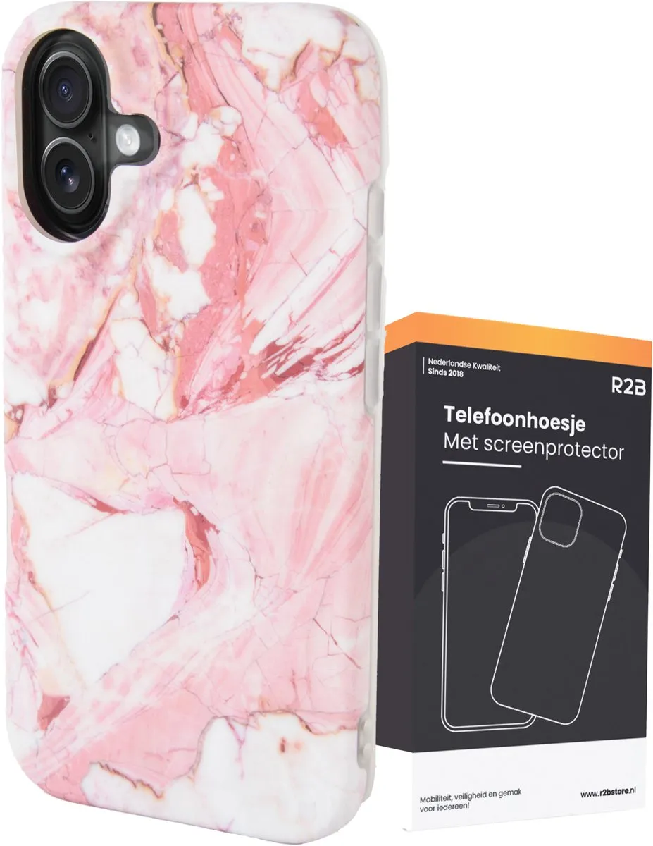 R2B iPhone 16 Hoesje Marmer - Roze/Wit/Oranje