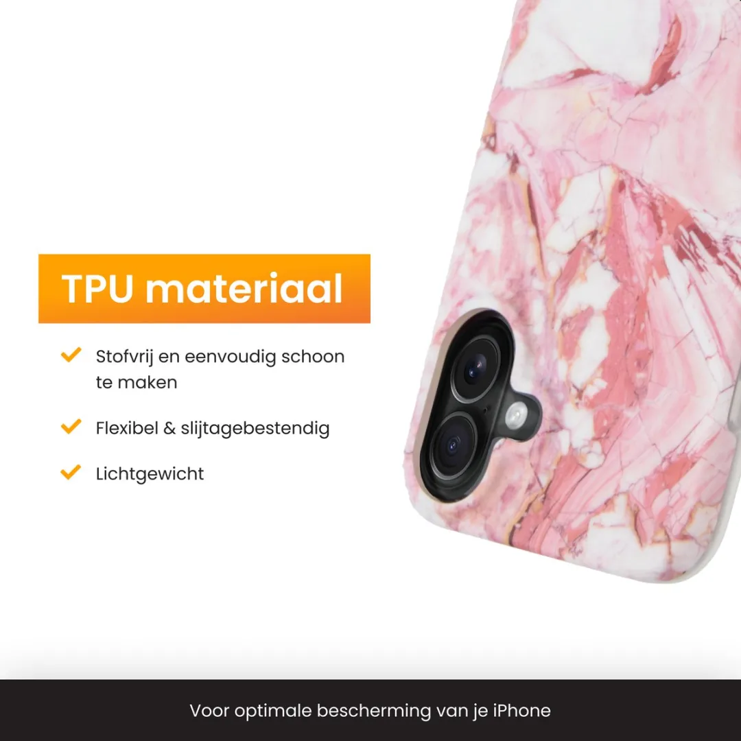 R2B iPhone 16 Hoesje Marmer - Roze/Wit/Oranje