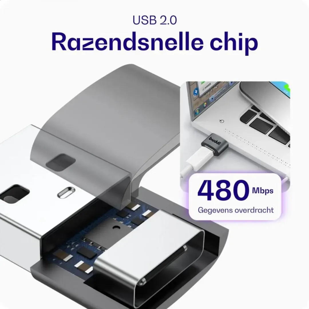 Buddi Ease Duo Pack USB-C naar USB-A Adapter - Grijs - 2 Stuks