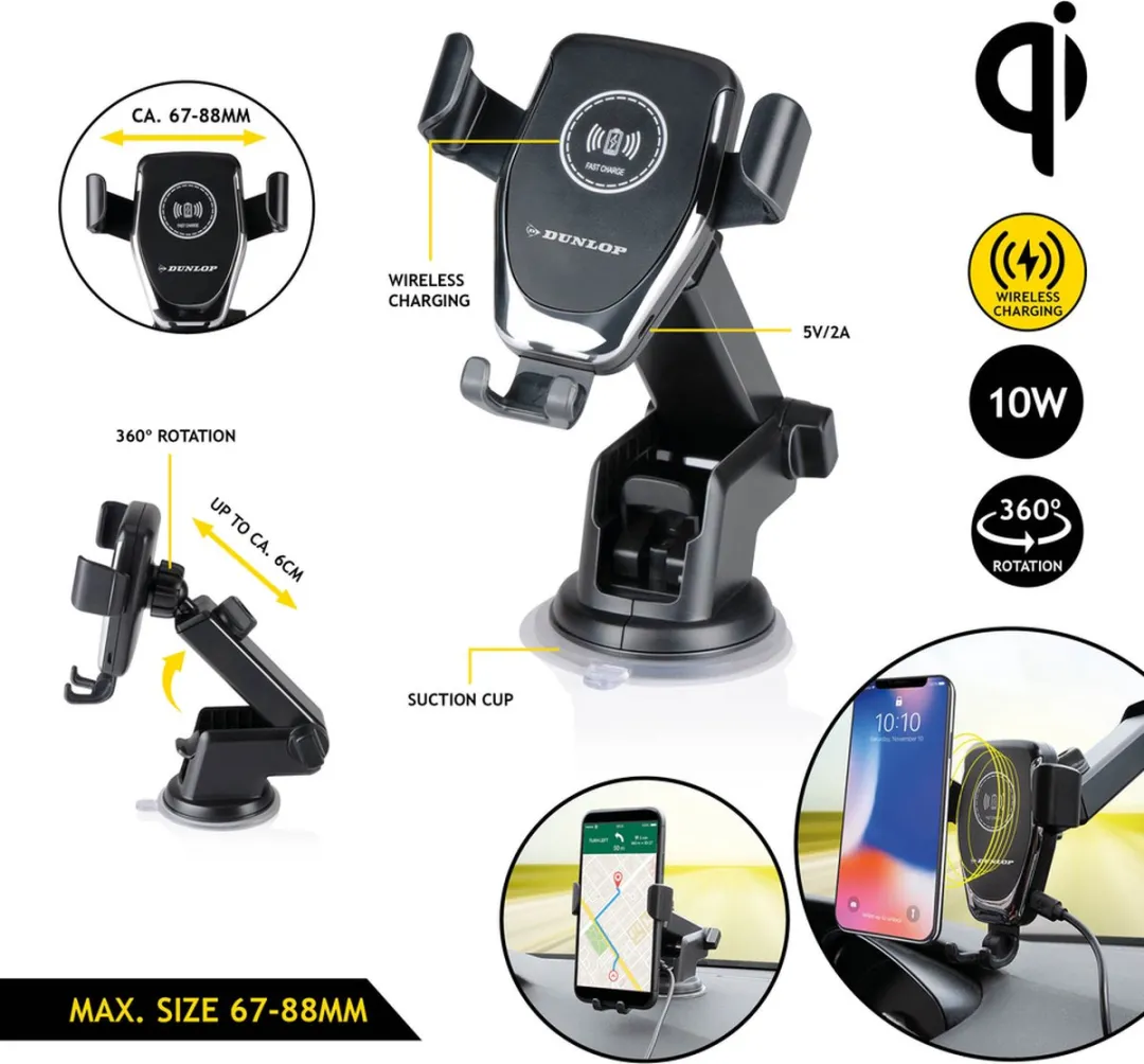 Dunlop Telefoonhouder 8711252496993 - 10W Qi - Zwart