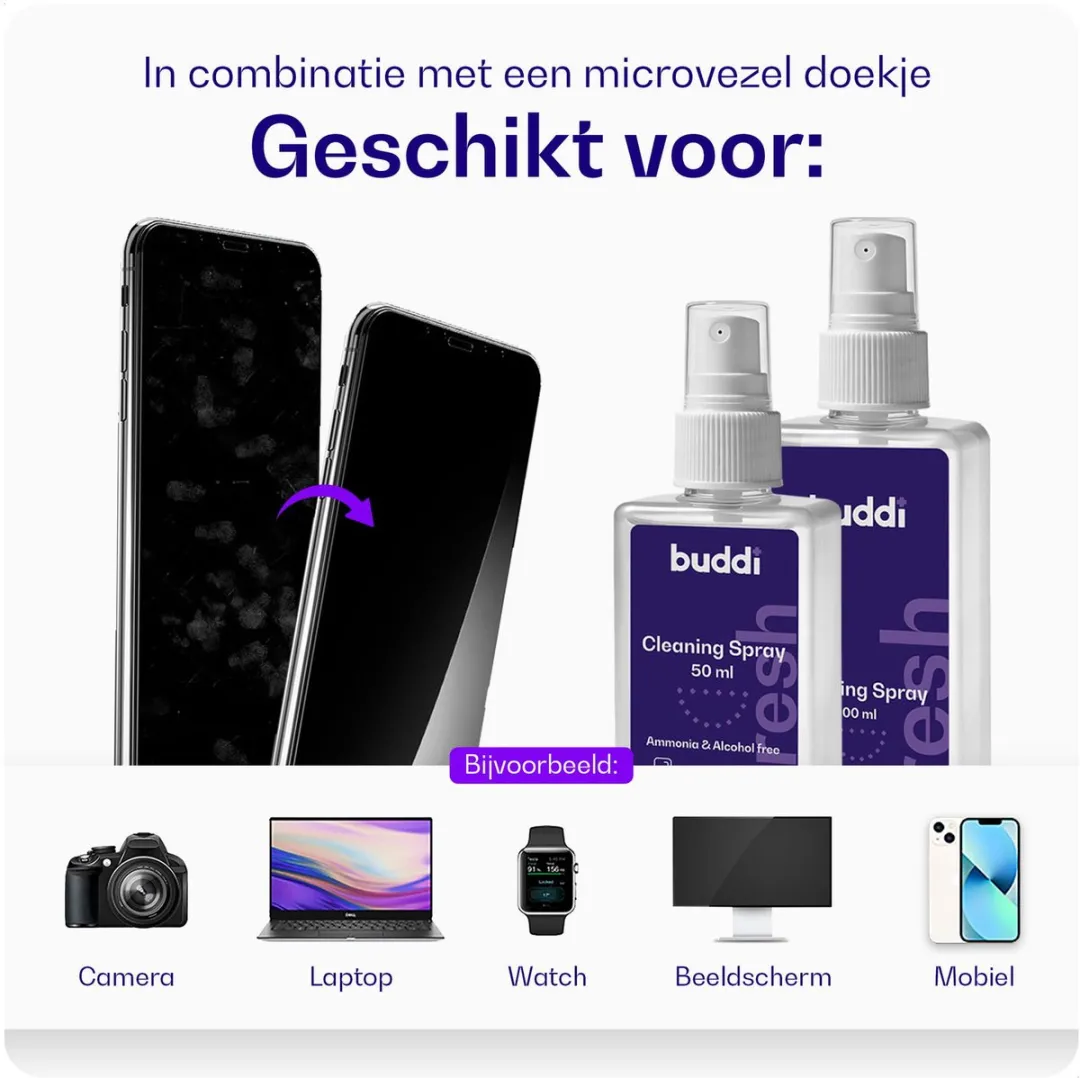 Buddi Fresh Professionele Schoonmaak Spray voor Smartphone - 100ml - Smartphone Schoonmaken - Telefoon Reinigen - Display Cleaner - Beeldscherm reiniger - Camera Laptop Watch Bril - Alcoholvrij