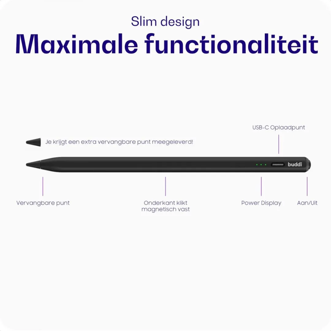 Buddi Wave Actieve Stylus Pen - Zwart - USB-C Opladen