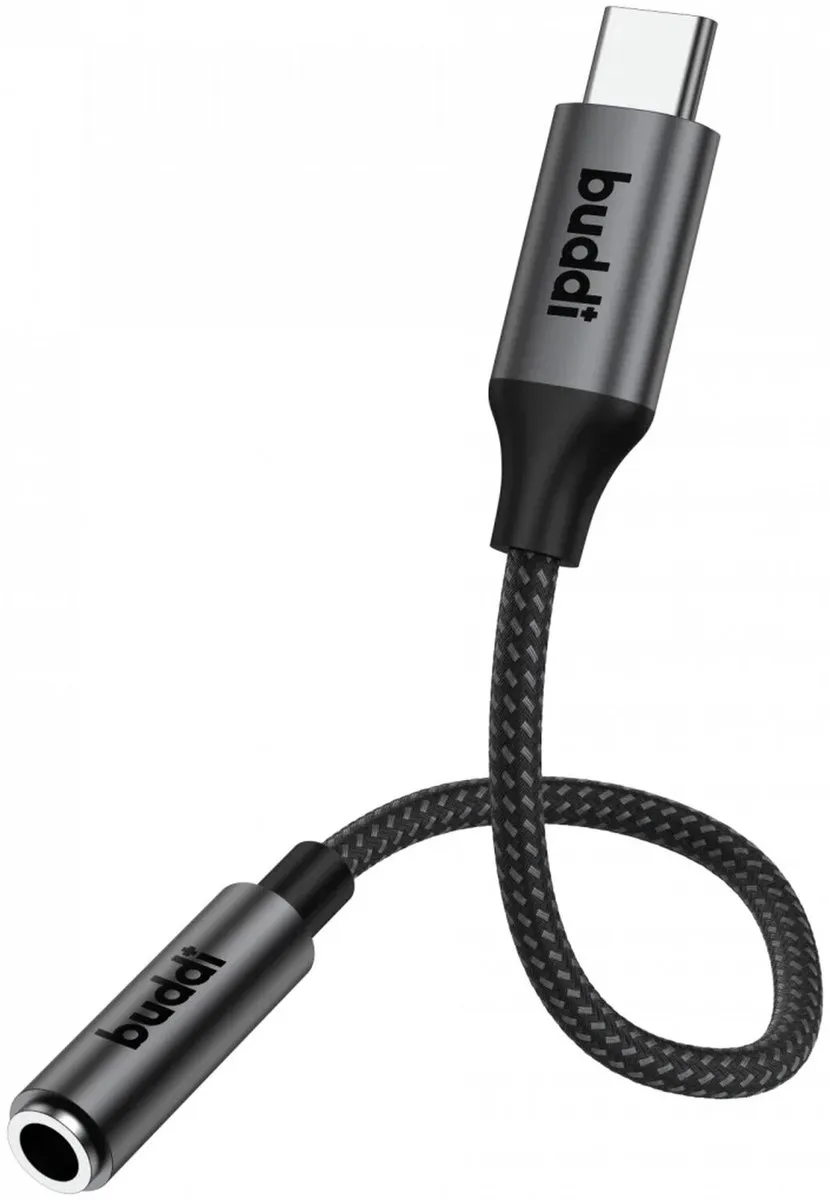 Buddi Ease 3.5mm naar USB-C Adapter - DAC Chip - 12cm - Zwart