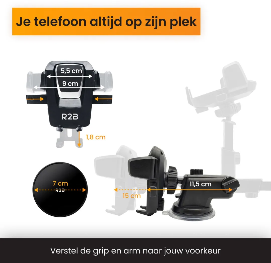 R2B Beemster Telefoonhouder Auto Zuignap - 7.5 Inch - Zwart
