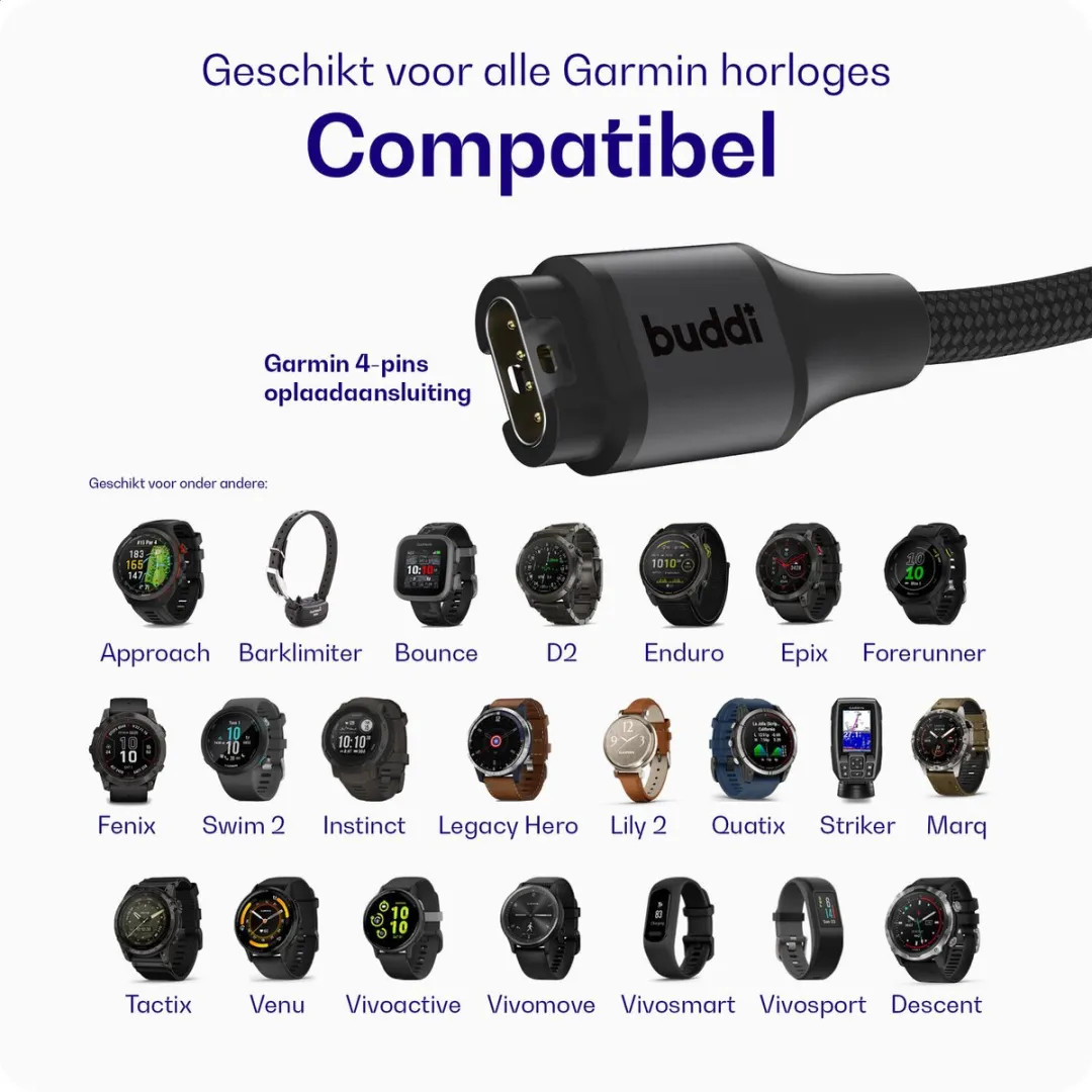 Buddi Flex Garmin Watch Kabel USB-A 2m 5W - Zwart