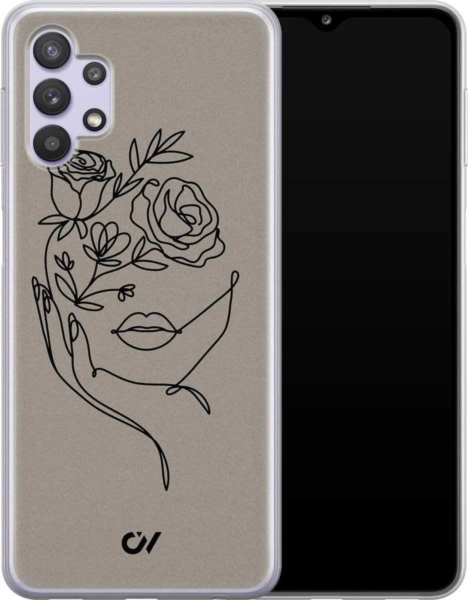 Casevibes Samsung Galaxy A32 5G Hoesje - Grijs Oneline Face Flower