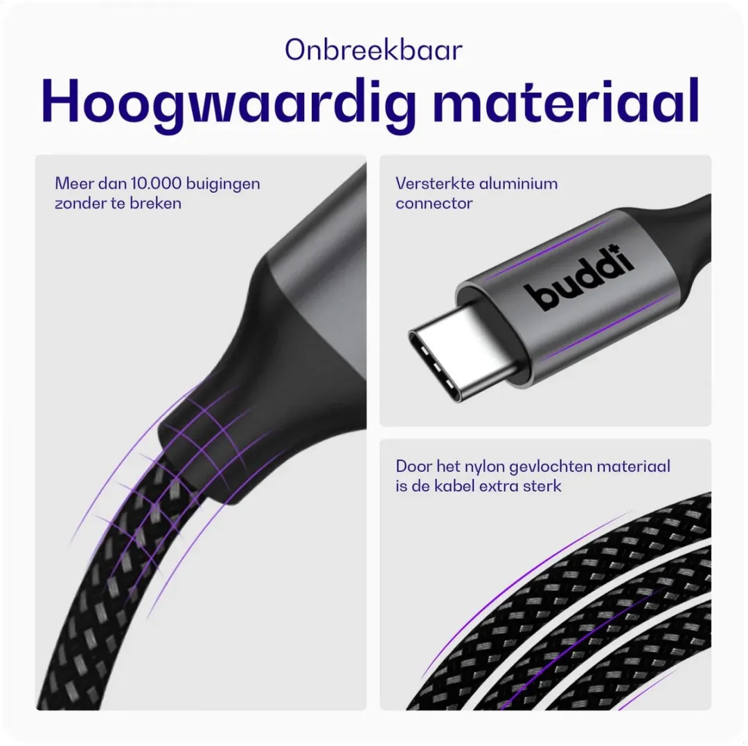 Buddi Go Powerbank 5000mAh - 60W USB-C Kabel 30cm - Zwart