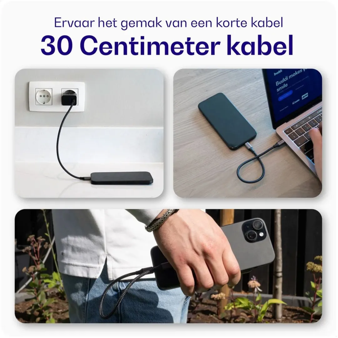 Buddi Go Powerbank 5000mAh - 60W USB-C Kabel 30cm - Zwart