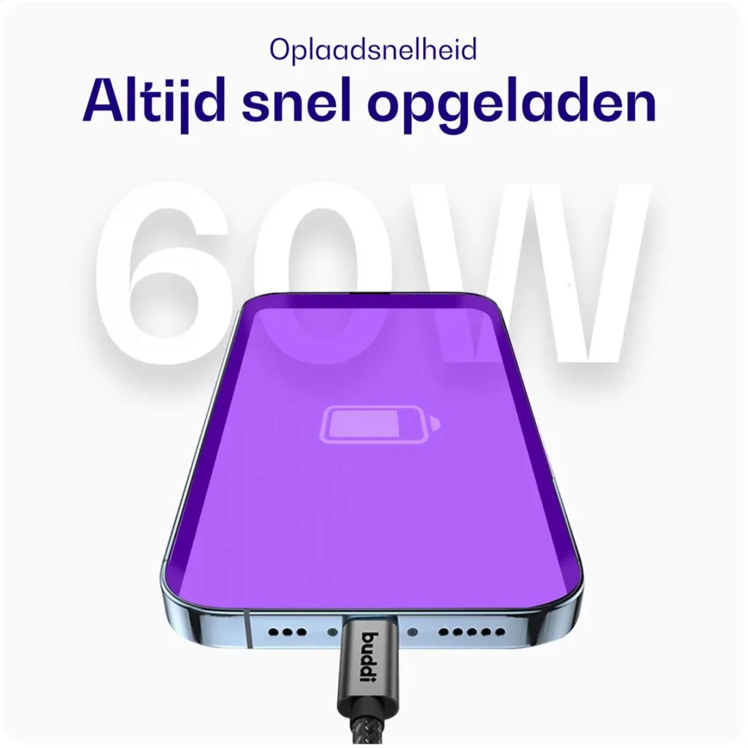 Buddi Go Powerbank 5000mAh - 60W USB-C Kabel 30cm - Zwart