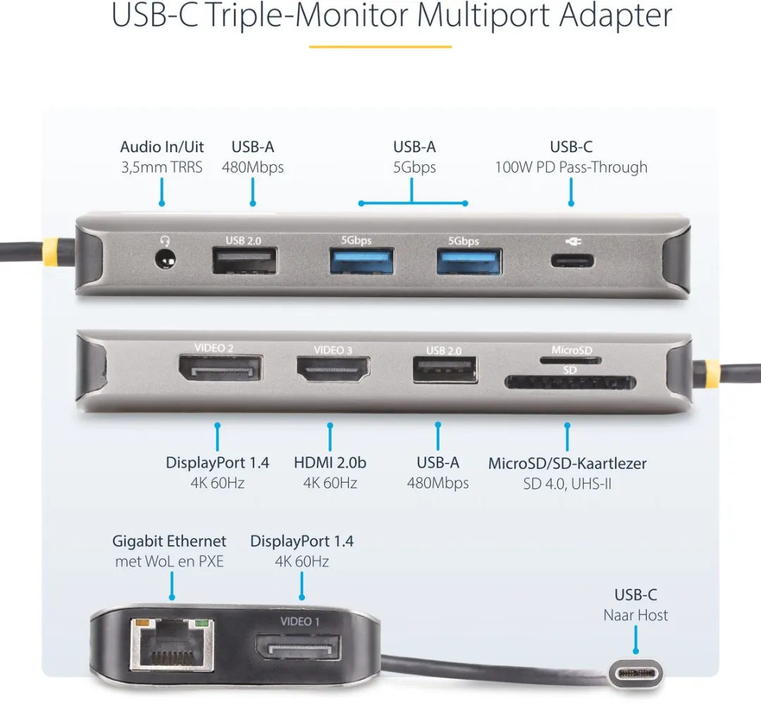 Startech 154B-USBC-MULTIPORT USB-C Triple Monitor Adapter - Grijs