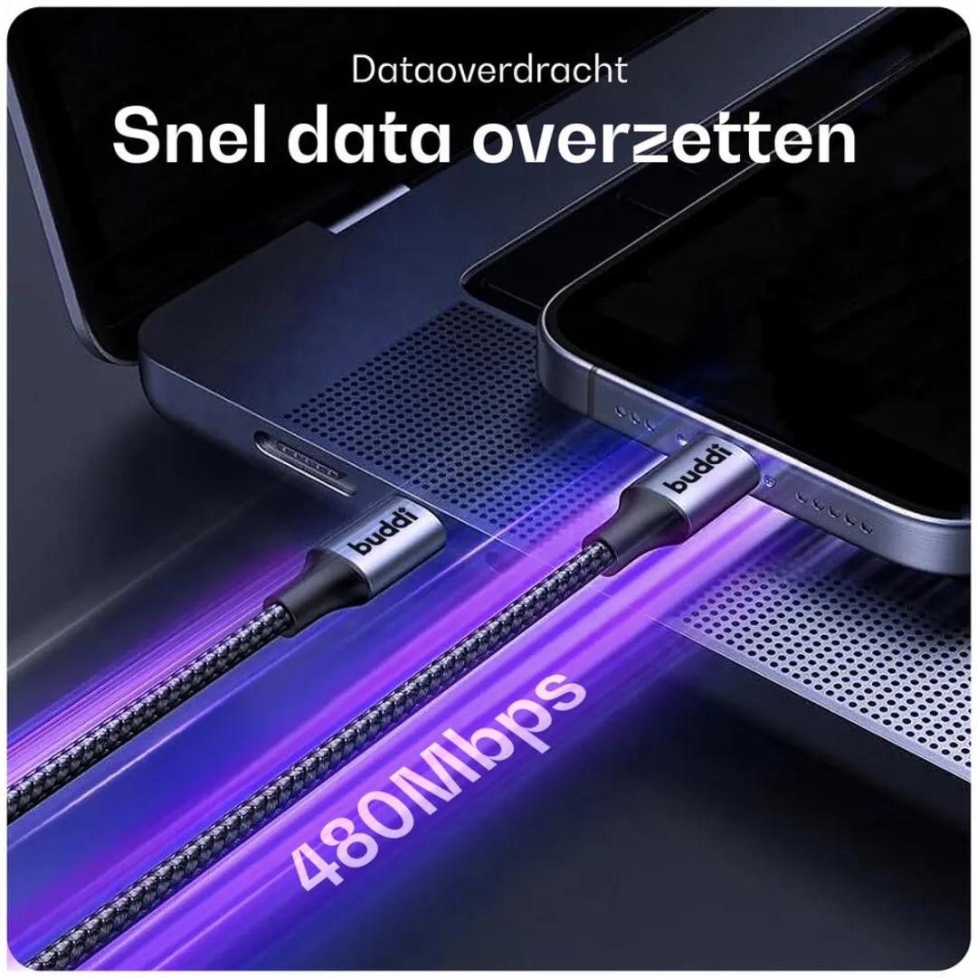 Buddi Flex Magnetische USB-C Kabel 60W - 2M - Zwart