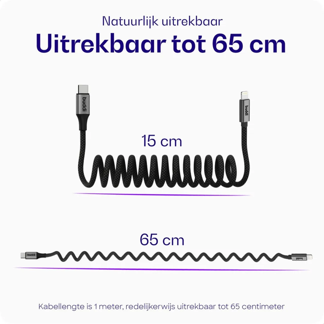 Buddi Flex USB-C naar Lightning Krul Kabel 12W - 1M - Zwart
