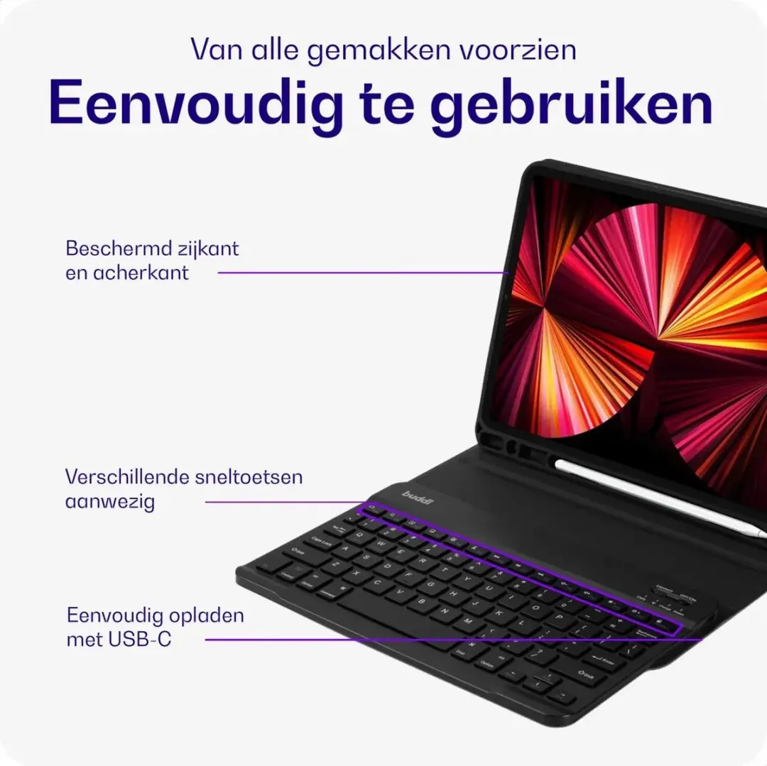 Buddi Zuna Hoes met QWERTY Toetsenbord - Samsung Galaxy Tab S9 FE/S9 - 11" - Zwart