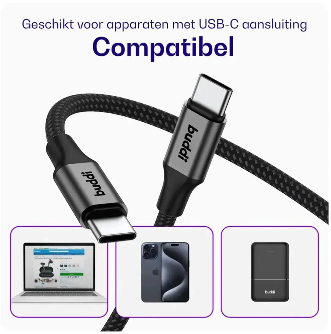 Buddi Flex Duo Pack Magnetische USB-C Kabel 60W 2M - Zwart