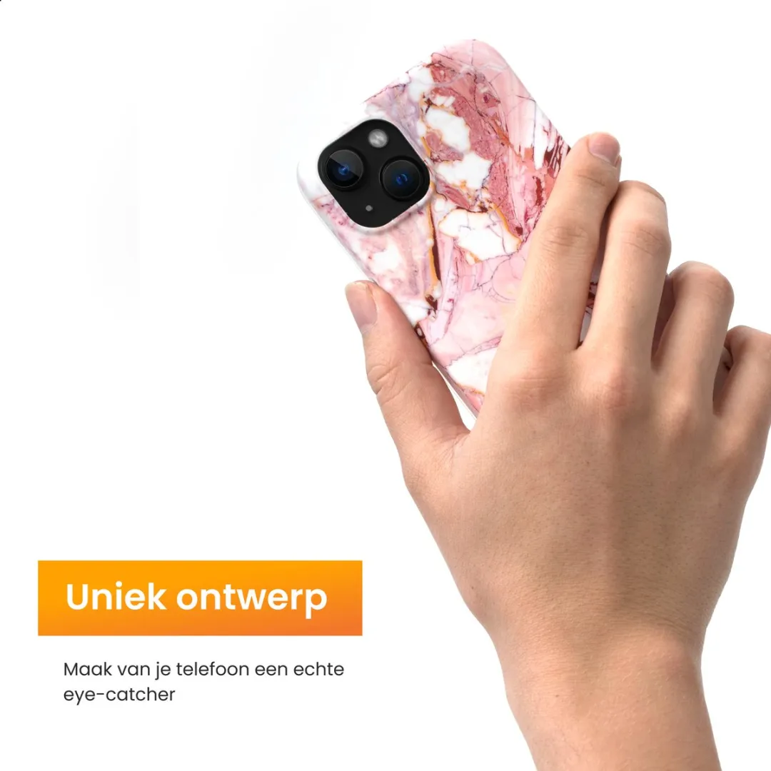R2B iPhone 15 Hoesje Marmer - Roze/Wit/Oranje