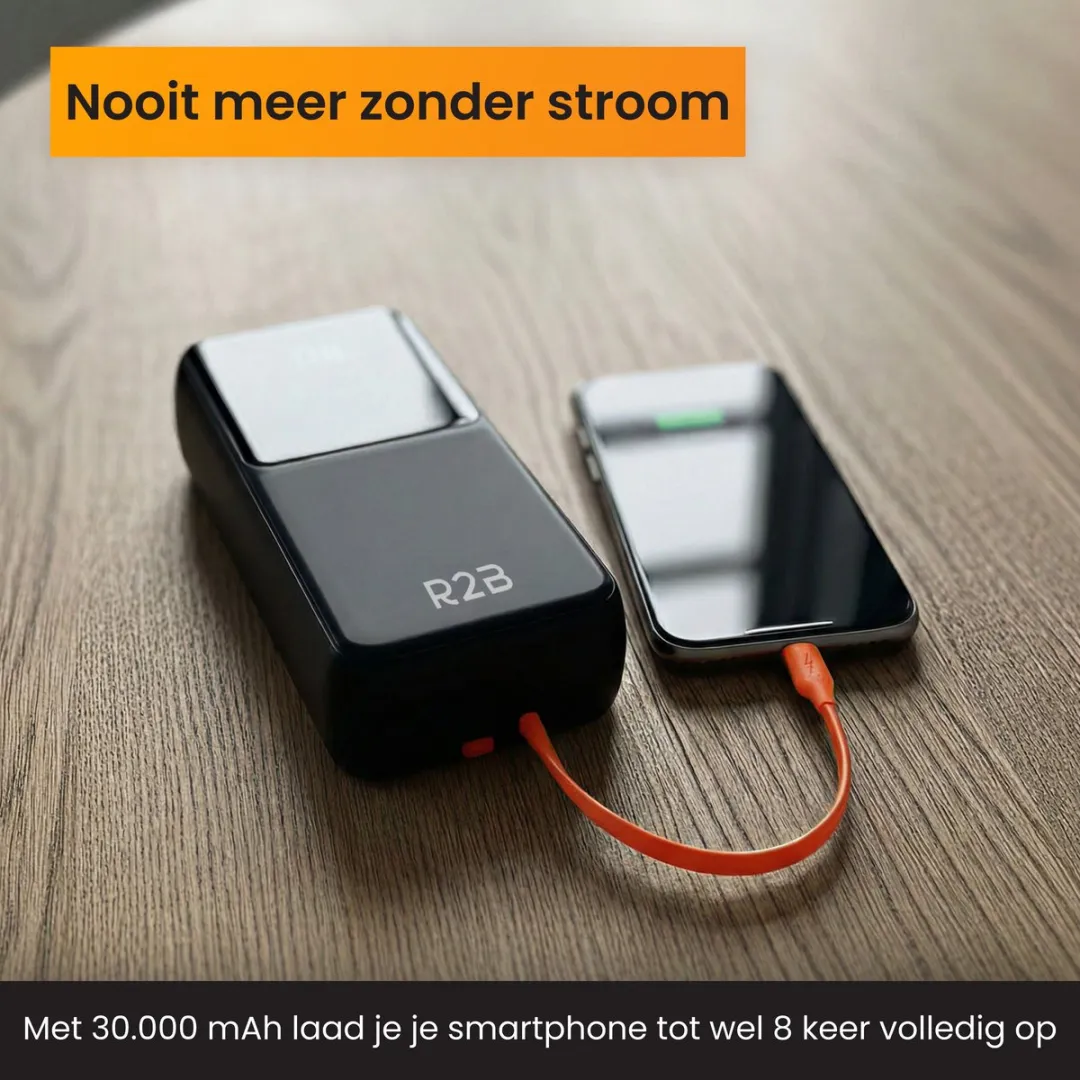 R2B Powerbank 30000mAh - 80W - 5 Outputs - Zwart