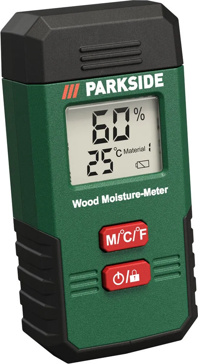 Parkside Vochtigheidsmeter - Bouw en Houtvochtigheidsmeter - Voor het eenvoudig meten van vocht in hout, muren en bouwmateriaal - Weergave van de vochtigheidsgraad in % via groot LC-display - Met een meetbereik van 0-44% - Temperatuurweergave