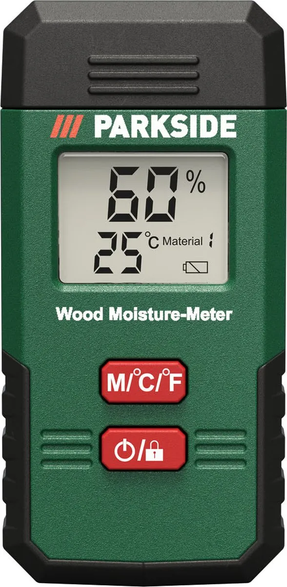 Parkside Vochtigheidsmeter - Bouw en Houtvochtigheidsmeter - Voor het eenvoudig meten van vocht in hout, muren en bouwmateriaal - Weergave van de vochtigheidsgraad in % via groot LC-display - Met een meetbereik van 0-44% - Temperatuurweergave