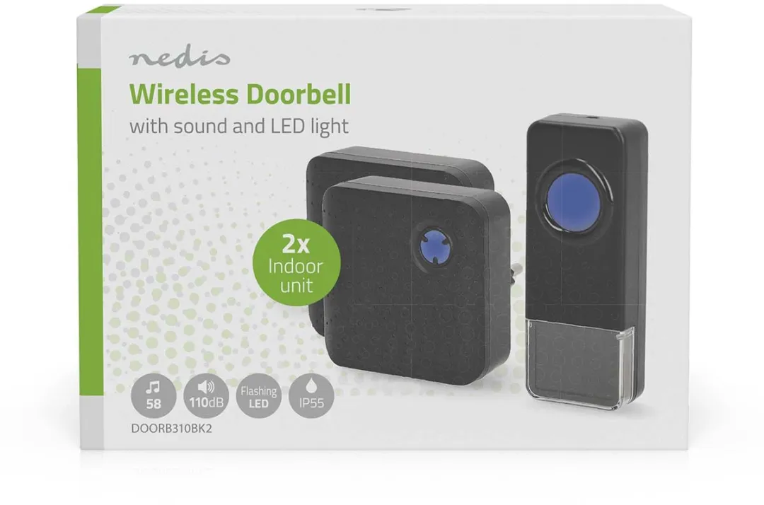 Nedis Draadloze Deurbelset – Incl. 2 Ontvangers op Netvoeding – 58 Melodieën – Bereik 150m – Waterdicht – Zwart