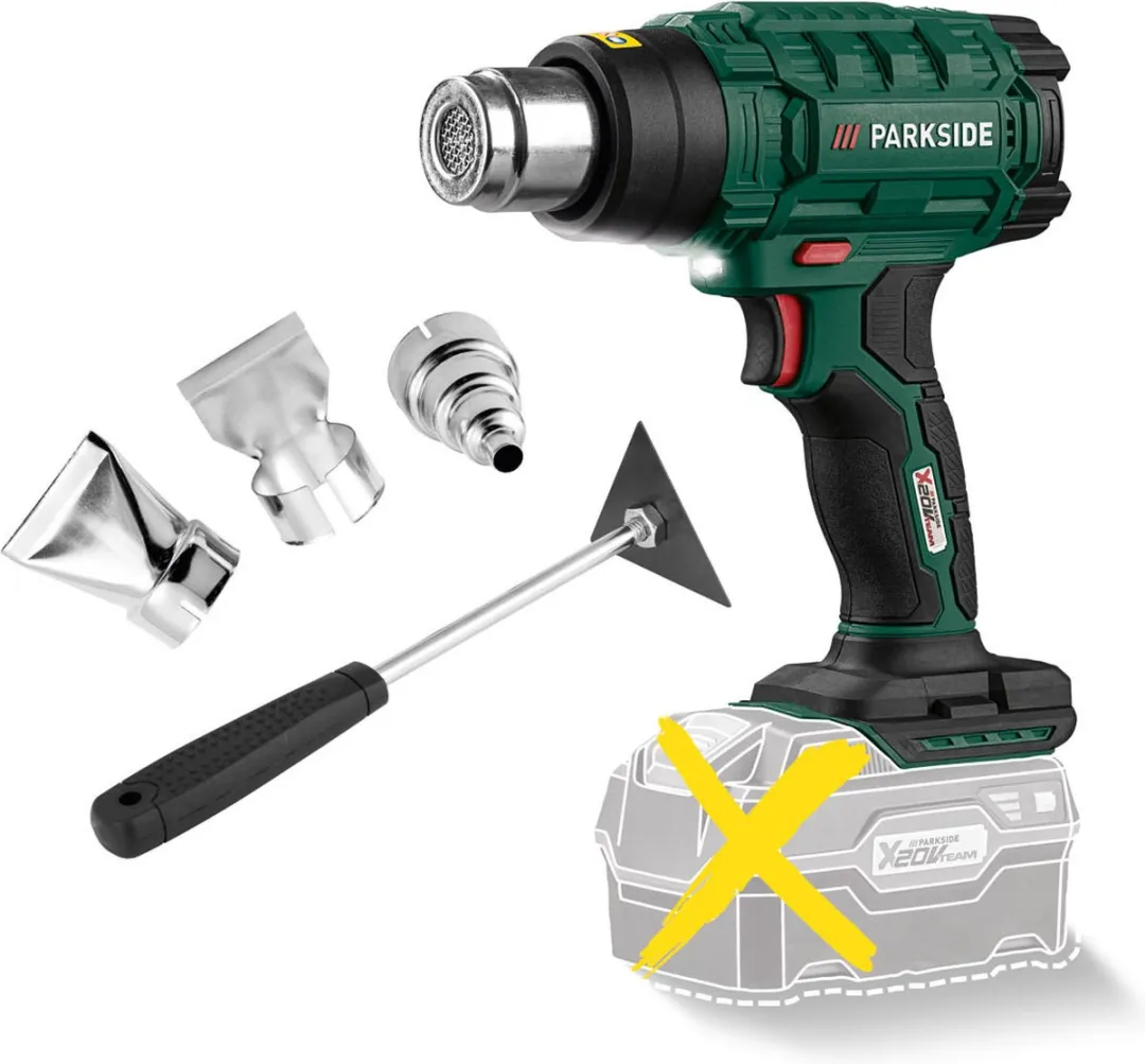 Parkside Accu Heteluchtpistool - 20V - Robuuste behuizing met ergonomische softgreep - Temperatuur: koude lucht / 250 °C / 550 °C - Exclusief accu en snellader