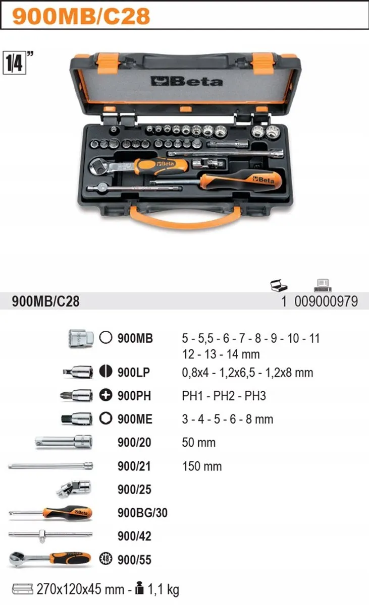 Beta 28-delige Doppenset 900MB/C28 - 1/4" - Zwart/Oranje