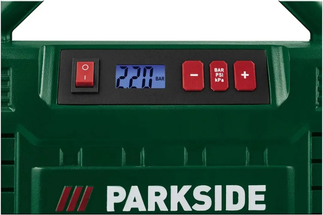 PARKSIDE® Compressor met digitale weergave 150 W - Druk: 8 bar - Automatische detectie van ingangsspanning - Olievrije 1 cilinder motor met onderhoudsarme werking
