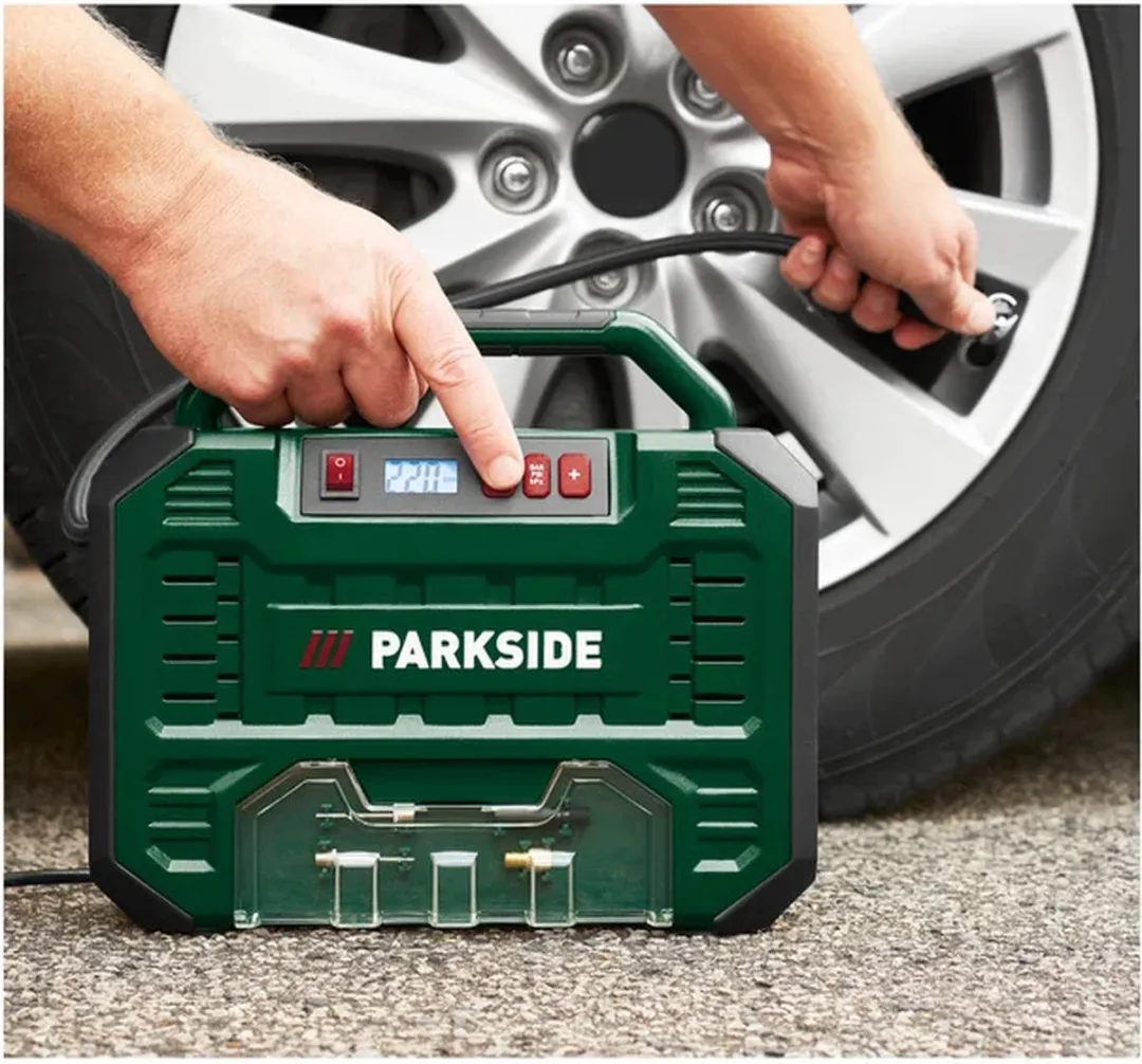 PARKSIDE® Compressor met digitale weergave 150 W - Druk: 8 bar - Automatische detectie van ingangsspanning - Olievrije 1 cilinder motor met onderhoudsarme werking
