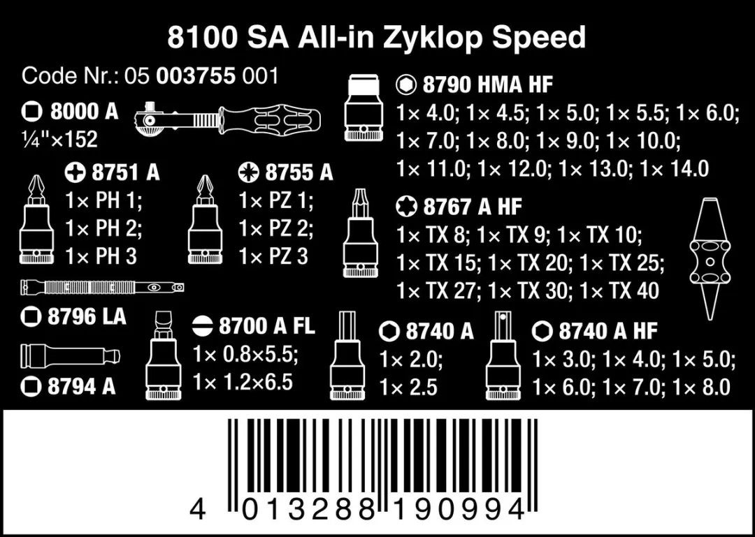 Wera 8100 SA Zyklop Speed Dopsleutelset 42-delig - 1/4"