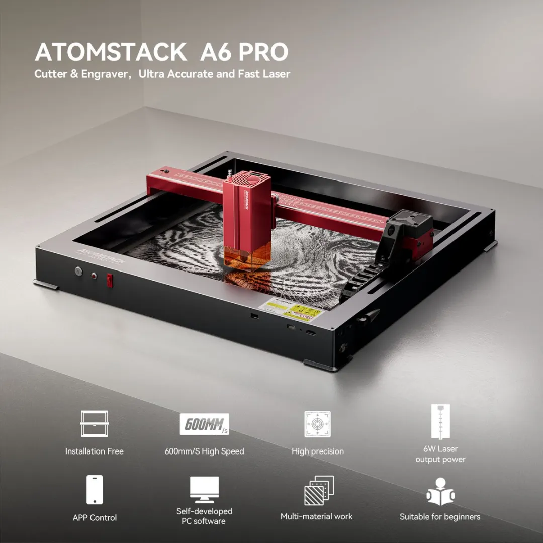 ATOMSTACK A6 PRO Lasergraveermachine | 500 mm/s | 6W laservermogen | App-bediening |Nauwkeurigheid 0,02 mm | 6W laservermogen| Geschikt voor meerdere materialen | Perfect voor beginners