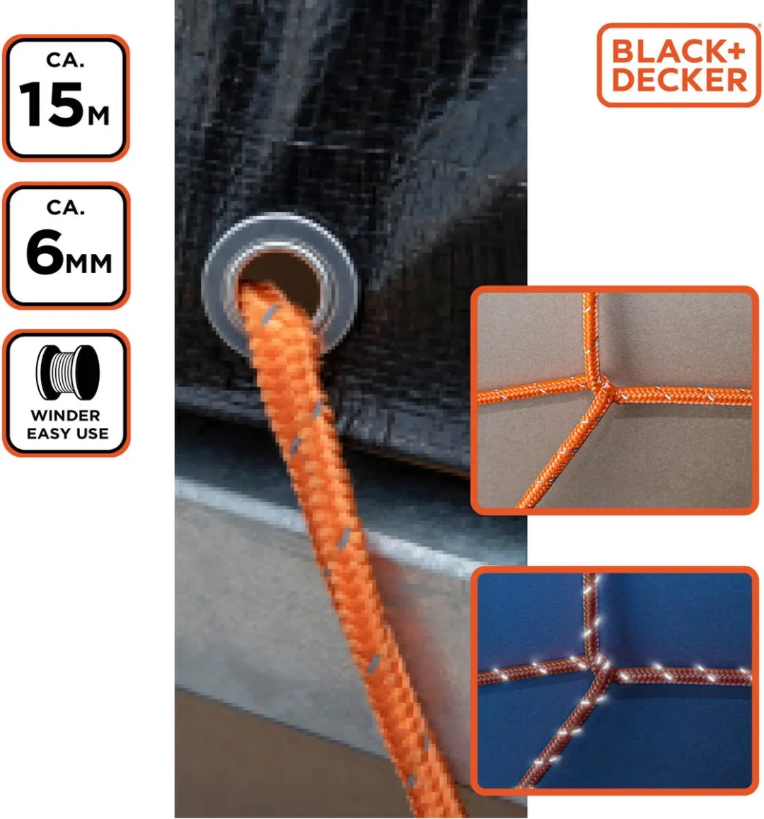 BLACK+DECKER Spanband 15m - Oranje/Zwart