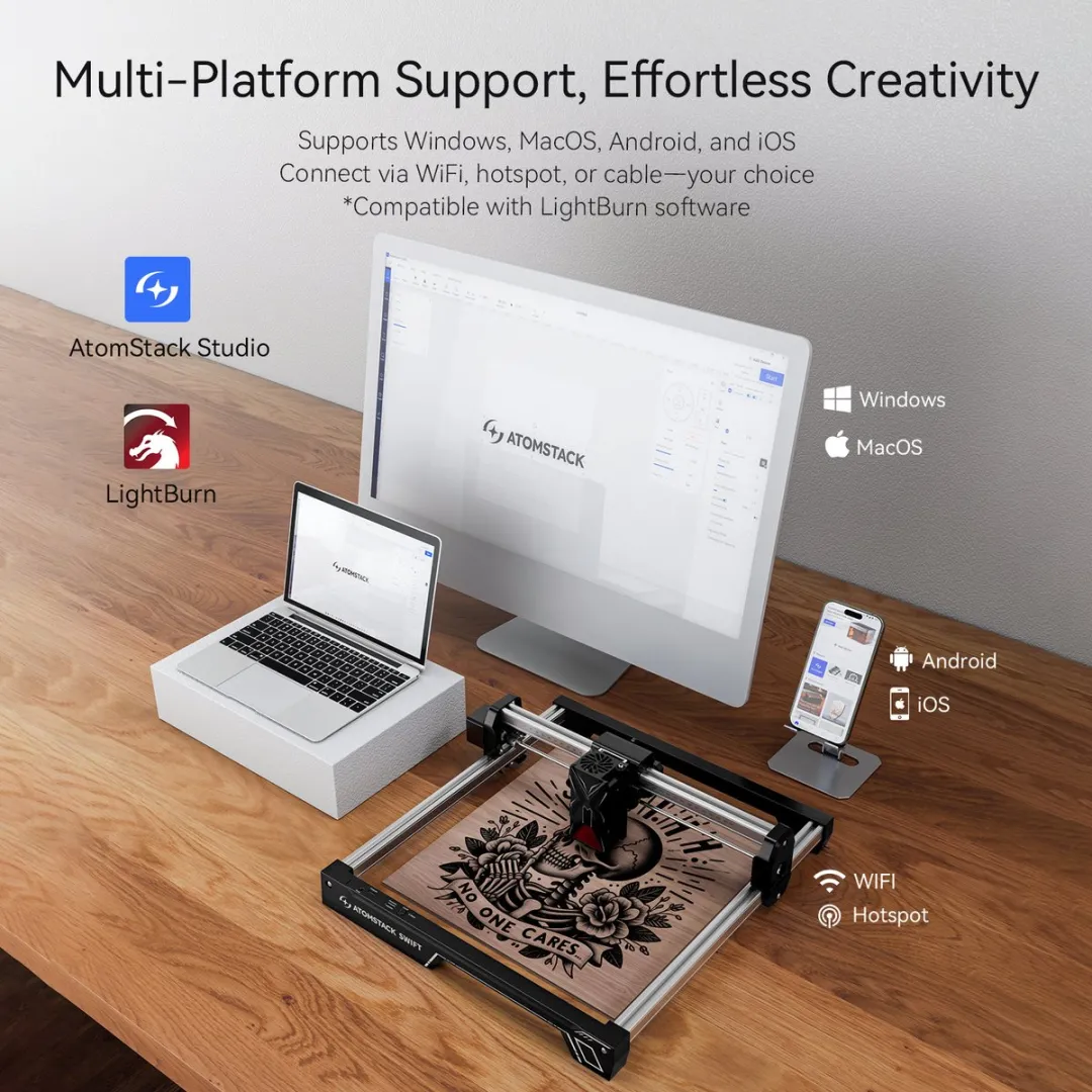 ATOMSTACK Swift 12W Lasergraveermachine – 300×300mm Graveergebied – 10000mm/min – 0.08×0.04mm Laserpunt – Zwart
