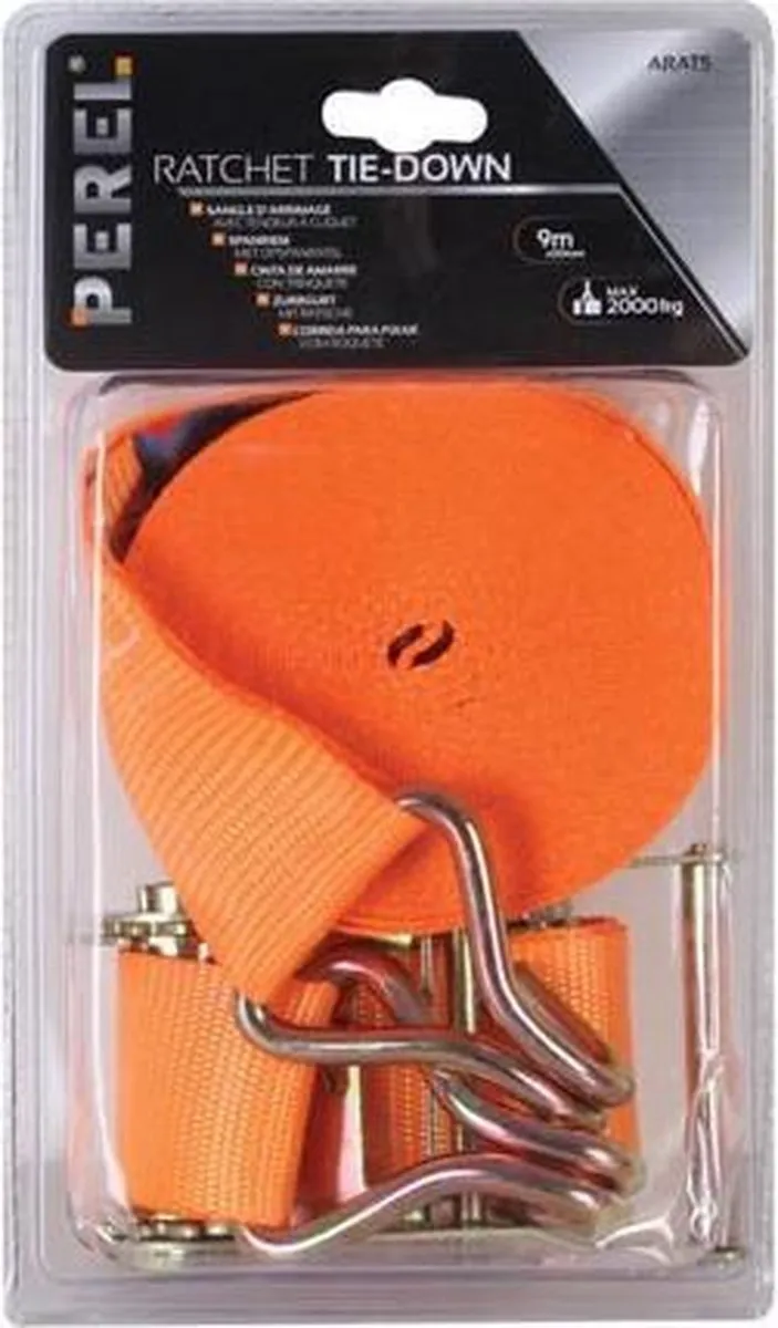 Perel Spanband 1000kg 9m x 50mm - 2-delig met ratel & J-haken - Oranje