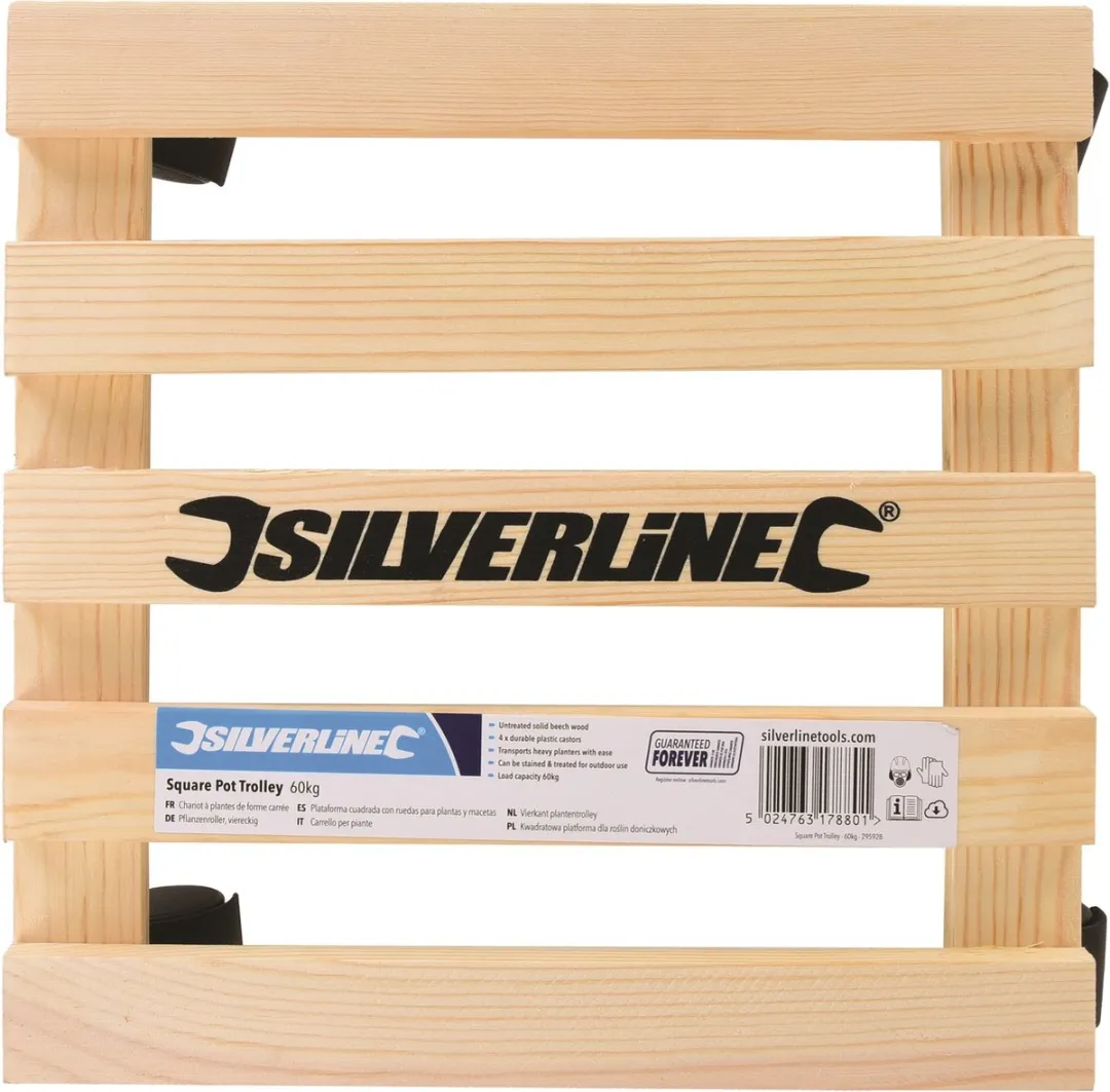 Silverline Vierkante Plantentrolley Beukenhout 30x30cm - 60 kg