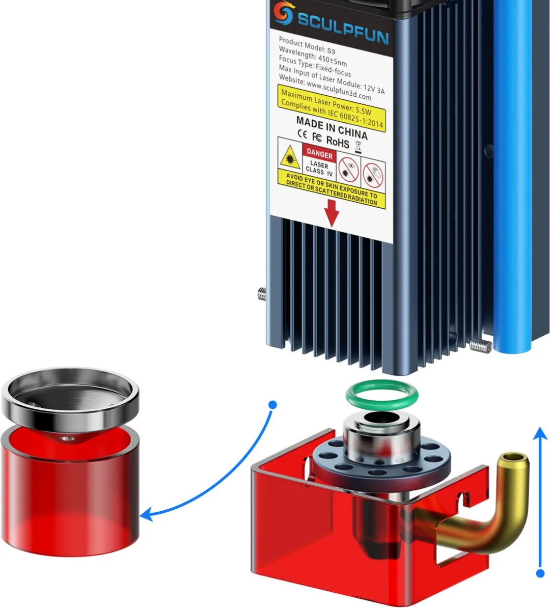 Sculpfun S9 Air Assist Nozzle Kit - Luchtassistentie Mondstukset met Luchtpomp - Hogesnelheids Luchtassistentie - Perfecte Compatibiliteit met Laser Graveermachine - Accessoires voor Lasergraveerder