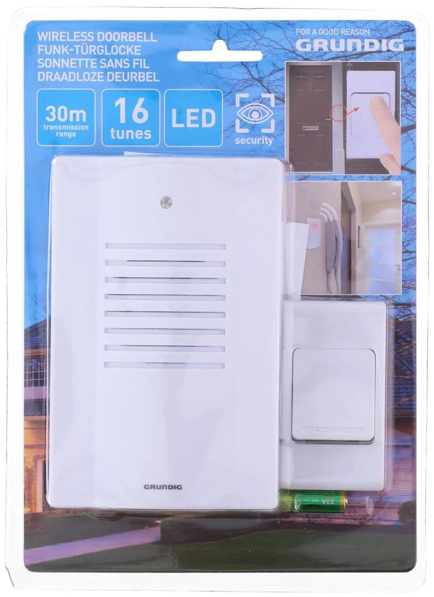 Grundig Draadloze Deurbel - 16 Melodieën 30m Bereik - Wit