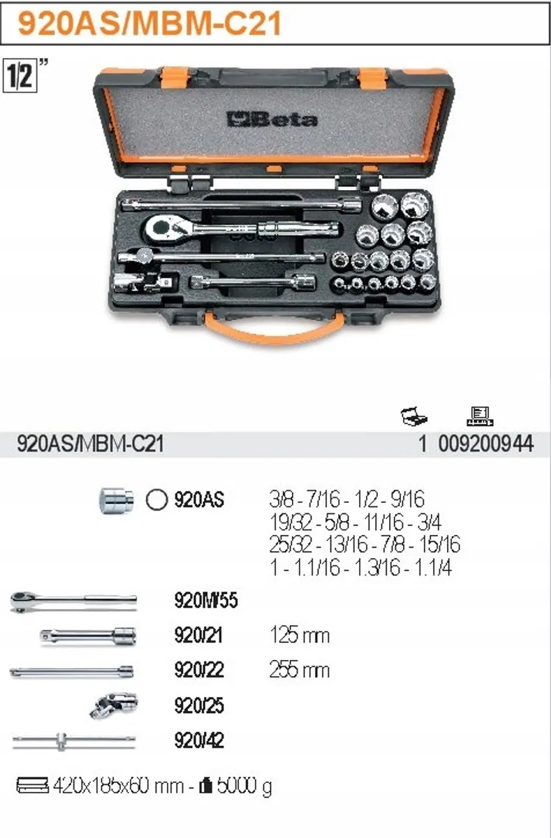 Beta Gereedschapset 21-delig 3/8"-1.1/4" Inbussleutels - Metaalkoffer