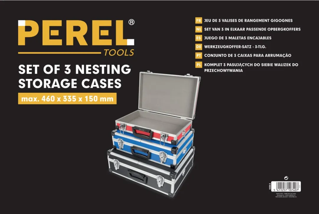 Perel Set 3 Aluminium Opbergkoffers 1820-3 - Max 460x335x150mm - Zwart/Blauw/Rood/Grijs