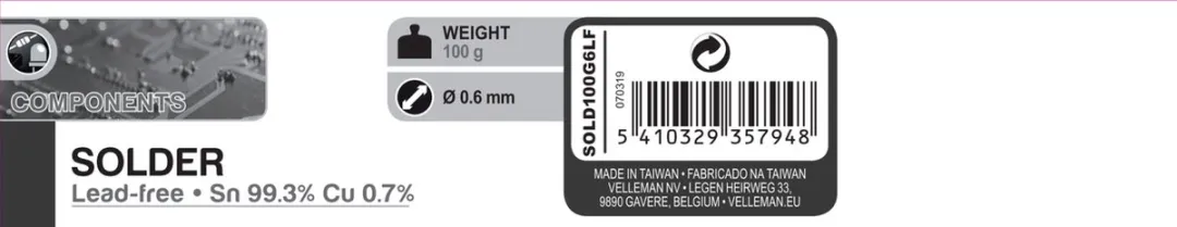 Velleman Soldeer Loodvrij Sn99.3% Cu0.7% 0.6mm - 100g