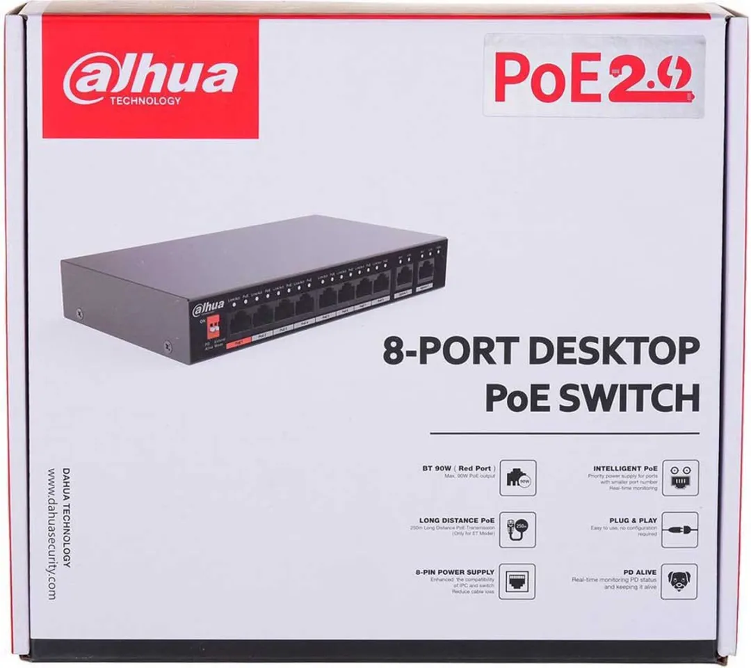 Dahua PFS3010-8ET-96-V2 PoE Switch - 8 Poorten 802.3af/at - Zwart