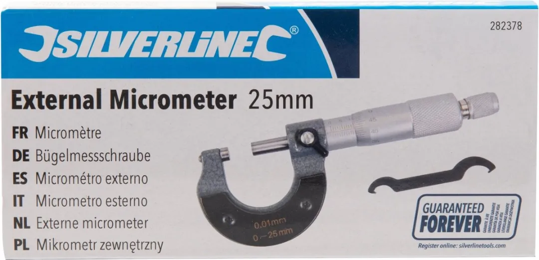 Silverline Externe Micrometer 282738 - 0-25mm - 0,01mm - Grijs/Zilver