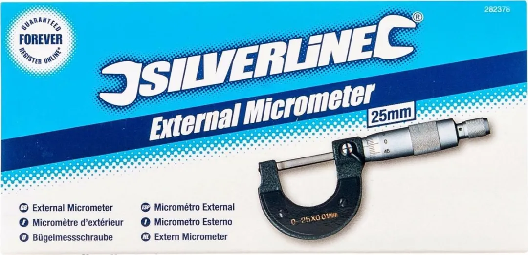 Silverline Externe Micrometer 282738 - 0-25mm - 0,01mm - Grijs/Zilver