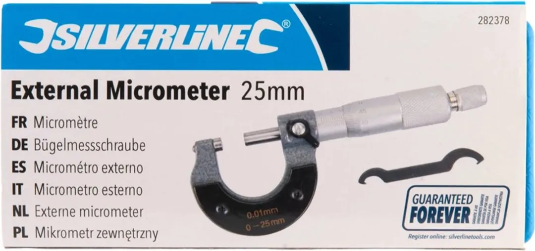 Silverline Externe Micrometer 282738 - 0-25mm - 0,01mm - Grijs/Zilver - afbeelding 6 van 6
