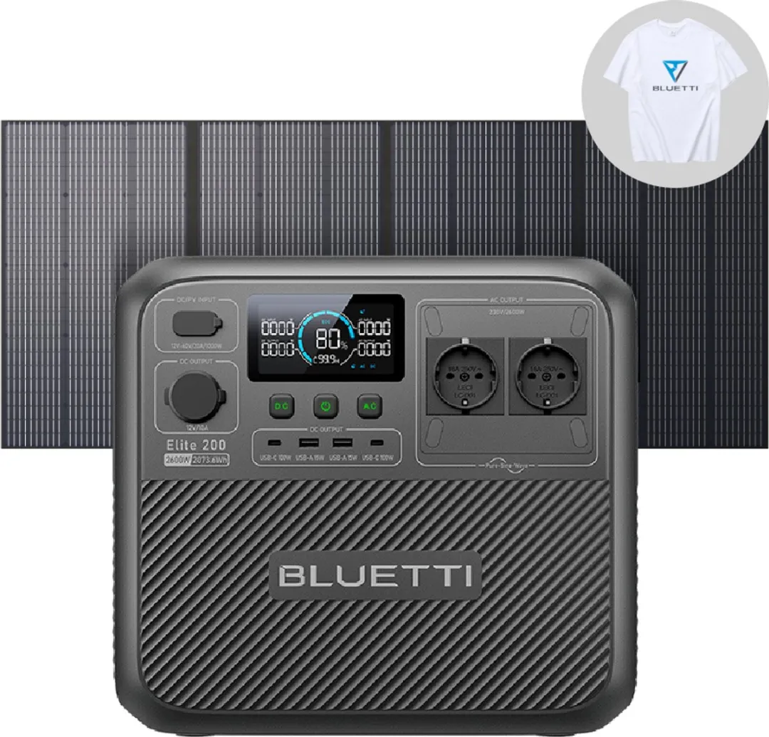BLUETTI Elite 200 V2 draagbare generator met 350W zonnepaneel- 2073,6Wh met 2 stopcontacten 2600W- levensduur van 17 jaar- LiFePO4 back-upvoeding voor camper, Reizen, camper, wandelen, noodgevallen