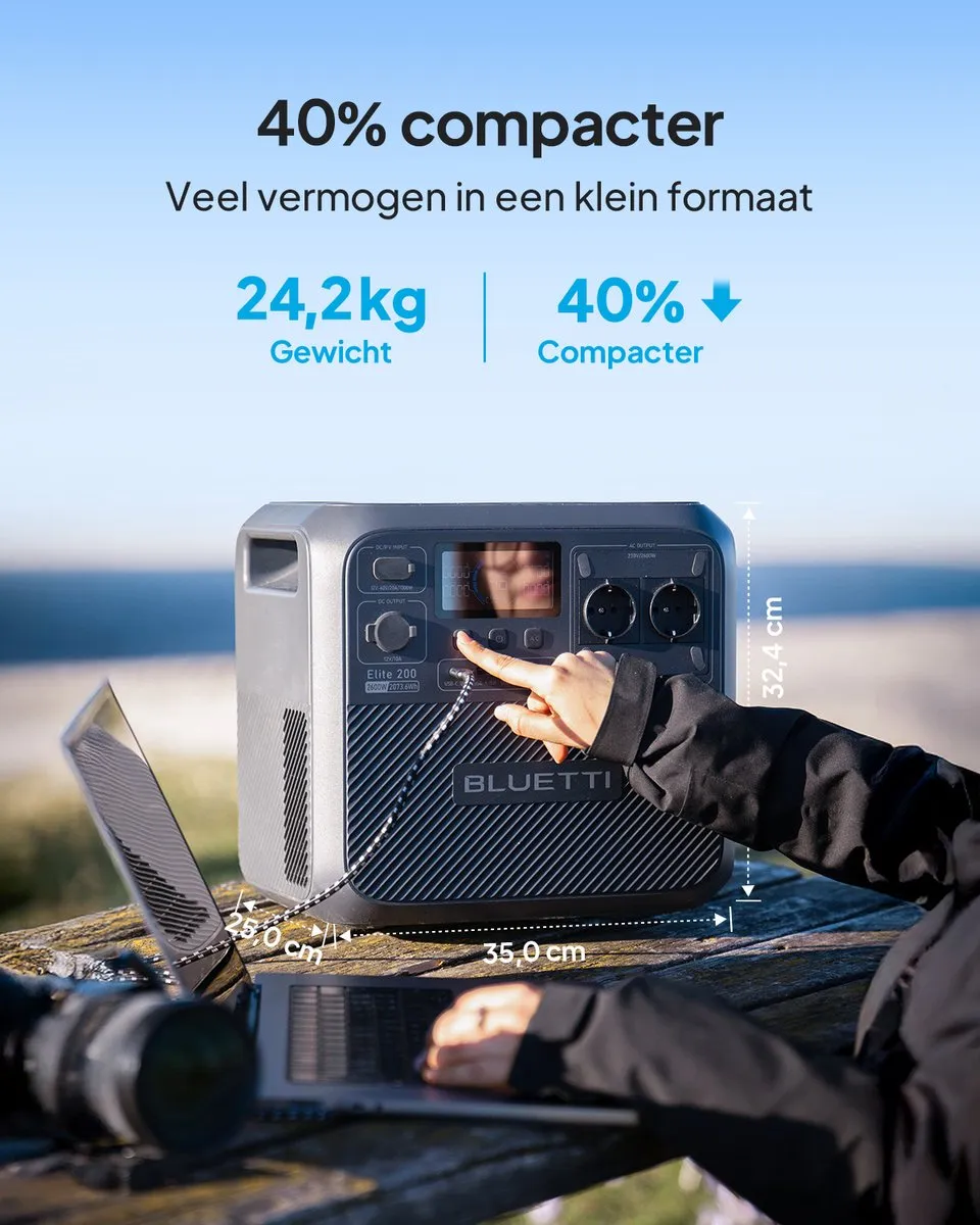 BLUETTI Elite 200 V2 draagbare generator met 350W zonnepaneel- 2073,6Wh met 2 stopcontacten 2600W- levensduur van 17 jaar- LiFePO4 back-upvoeding voor camper, Reizen, camper, wandelen, noodgevallen