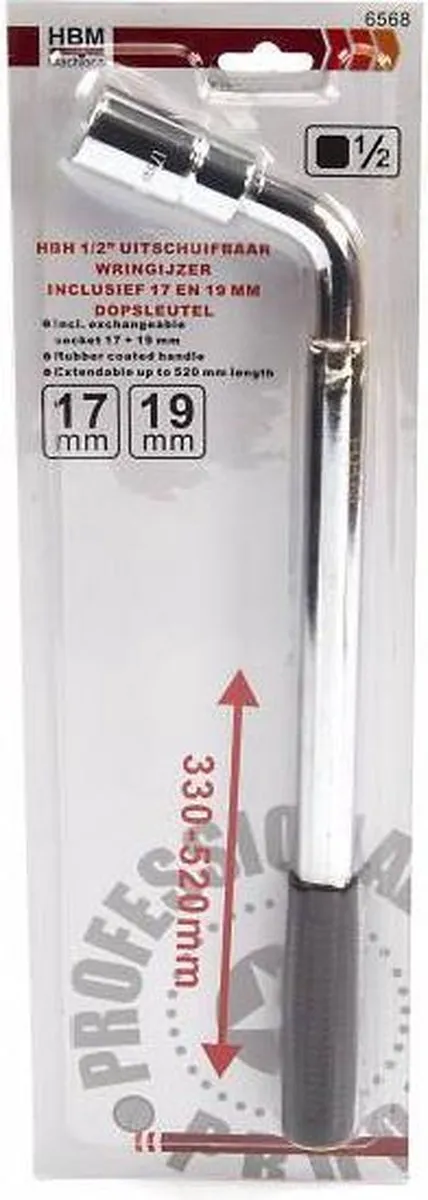 HBM Uitschuifbaar Wringijzer 1/2" - 17 & 19mm Dopsleutel - Zilver