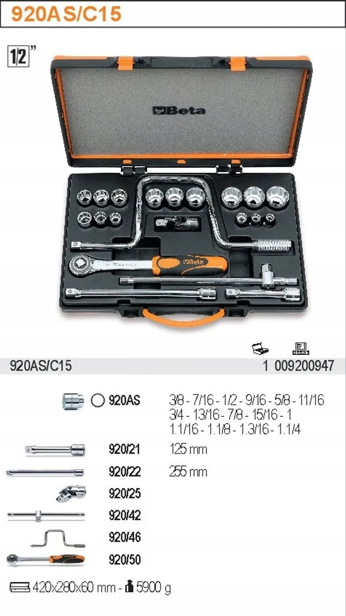 Beta 15-delige doppenset 1/2" 920AS/C15 - Metaal - 15 Stuks
