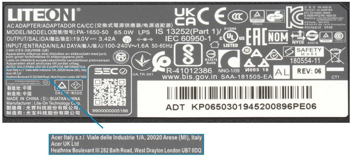 Acer AP06 Oplader 65W - Zwart