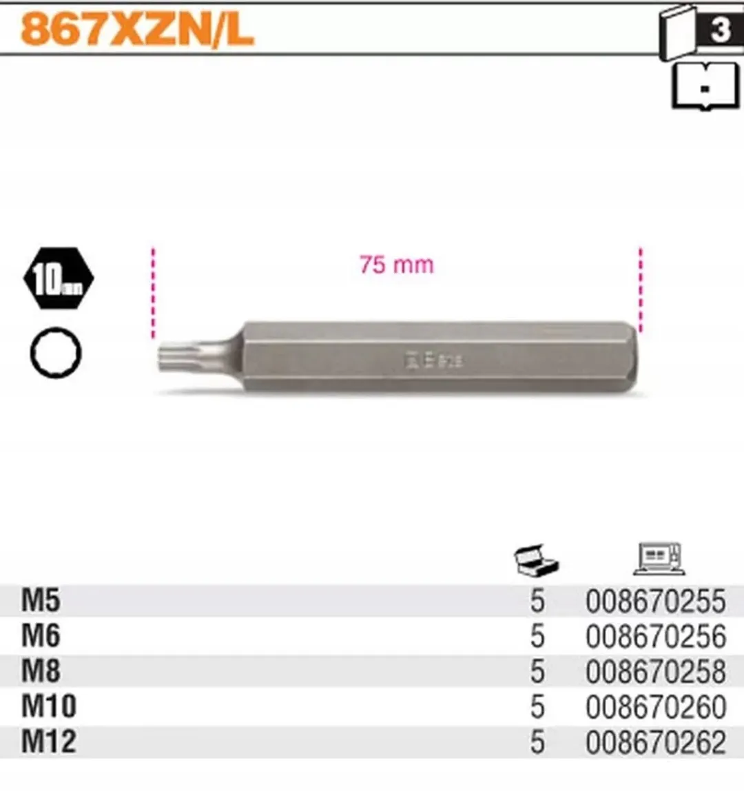 Beta Lange XZN Bit M12 75mm - Metaal