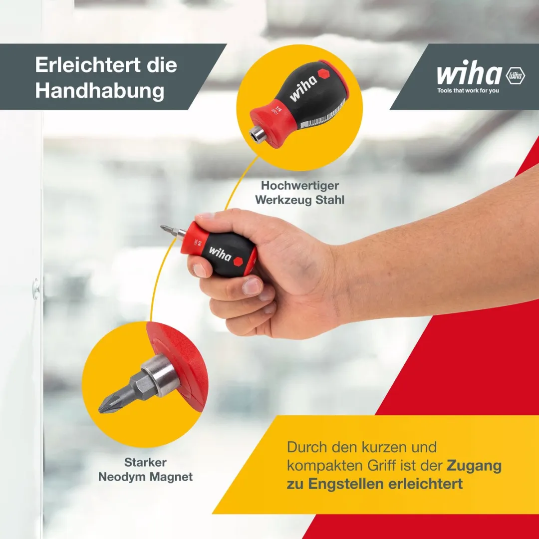 Wiha Stubby Schroevendraaier 33738 - 6 Bits Magnetisch - 1/4" - Rood/Zwart