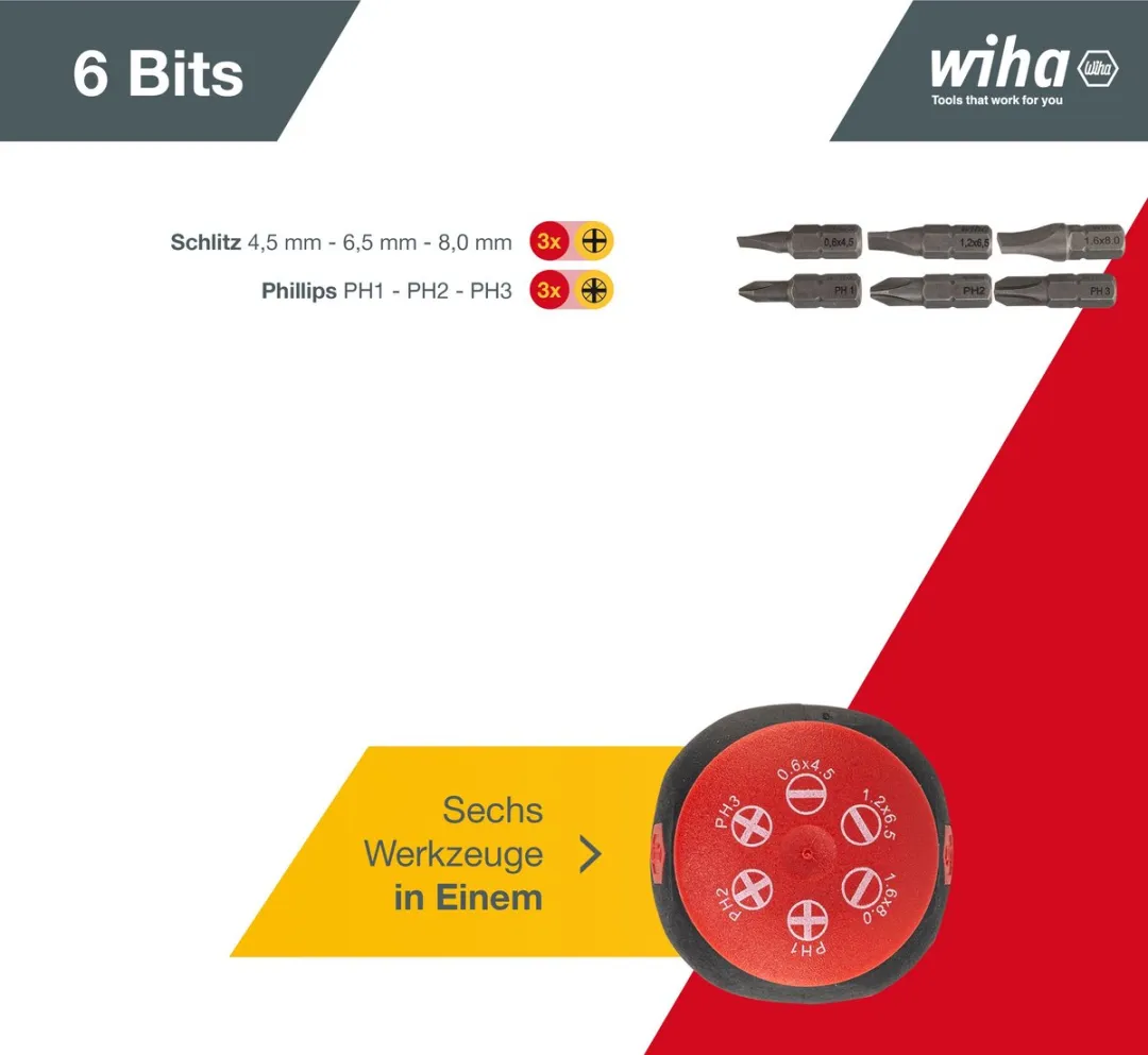 Wiha Stubby Schroevendraaier 33738 - 6 Bits Magnetisch - 1/4" - Rood/Zwart